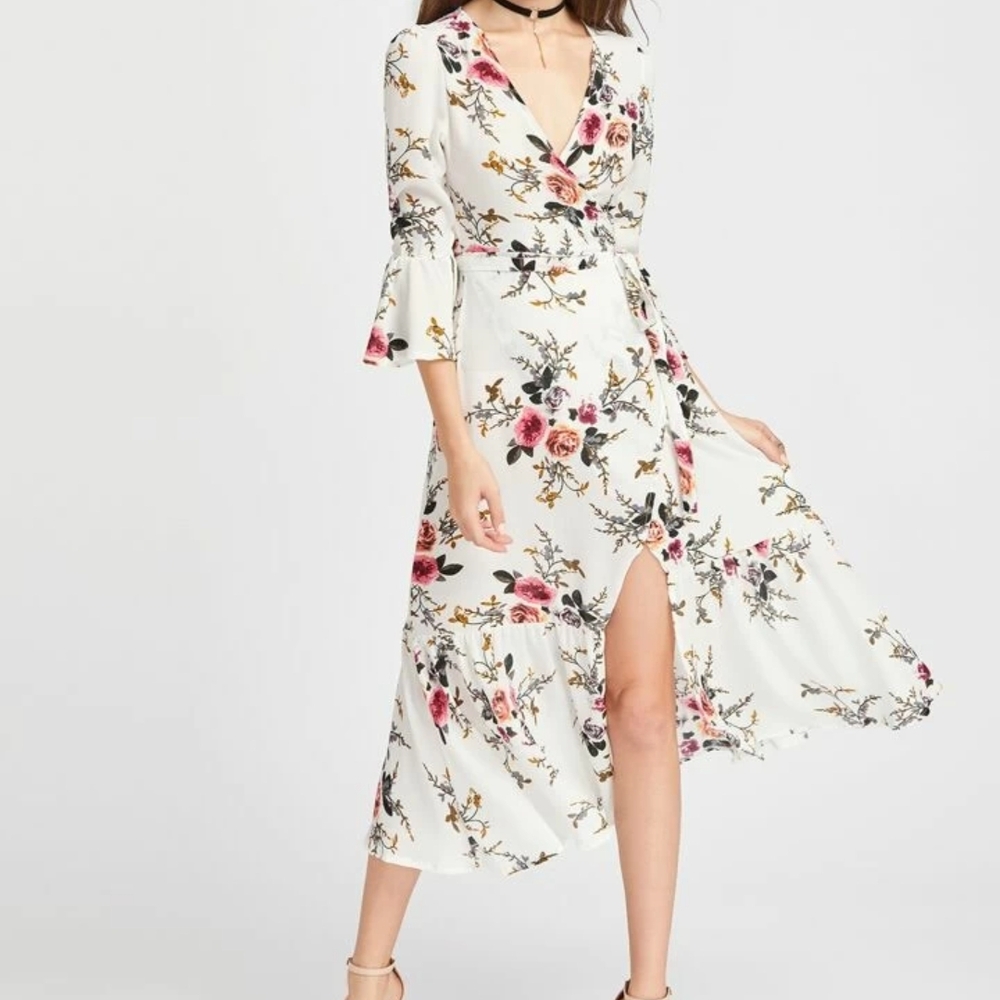 Plunge Neck Floral Print Bell Sleeve Slit Wrap Dress